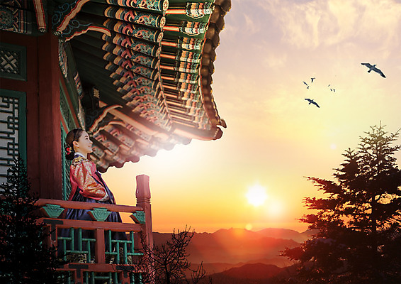 PSD 나무 구름 편집 편집이미지 여자 명절 한국건축 조류 하늘 산 한옥 한명 상반신 성인 옆모습 태양 노을 한국인 한복 단청 처마 이미지편집 자연요소 식물 동물 1 한국전통 전통 기념일 건축 뷰포인트 고건축 사람 동양인 전통의상 파일형식