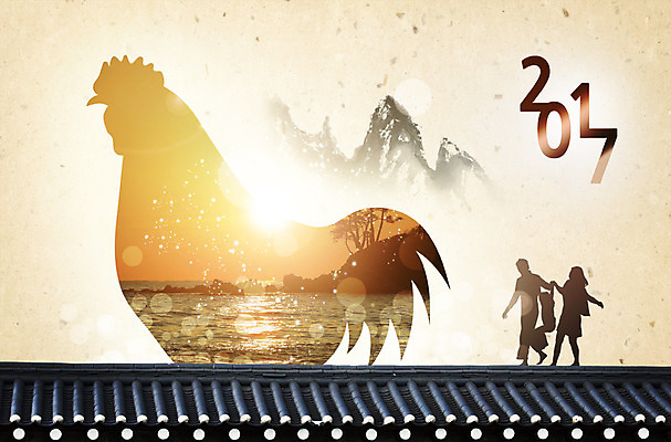 PSD 편집이미지 한국전통 여자 남자 실루엣 가족 지붕 새해 세명 일출 닭 다중노출 2017년 정유년 이미지편집 전통 관계 조류 한국 촬영기법 사람 노을 연도 파일형식