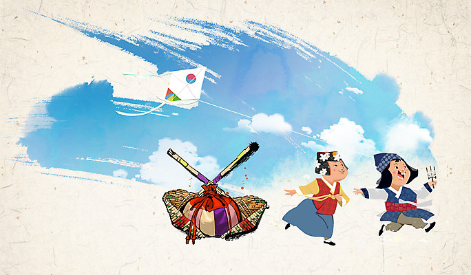 PSD 편집이미지 한국전통 여자 남자 어린이 하늘 새해 복주머니 두명 한복 연 복조리 이미지편집 전통 전통소품 한국 사람 놀이용품 전통의상 파일형식