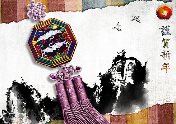 PSD 편집이미지 한국전통 두마리 근하신년 새해 사람없음 태양 학 노리개 이미지편집 자연요소 전통 2 조류 전통소품 한국 파일형식