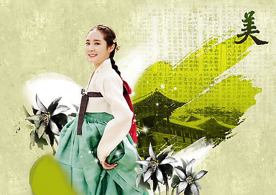 PSD 편집 편집이미지 한국전통 여자 꽃 캘리그라피 한옥 한명 웃음 상반신 20대 성인 옆모습 한자 한국인 한복 이미지편집 식물 문자 1 전통 뷰포인트 고건축 한국 표정 사람 동양인 청년 전통의상 파일형식