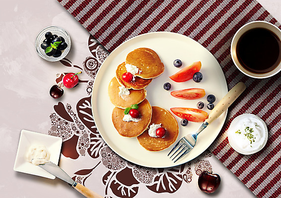 PSD 편집 편집이미지 접시 커피 음식 포크 토마토 치즈 사람없음 체리 나이프 커피잔 블루베리 팬케이크 이미지편집 식기 음료 채소 과일 잔 유제품 케이크 칼 파일형식