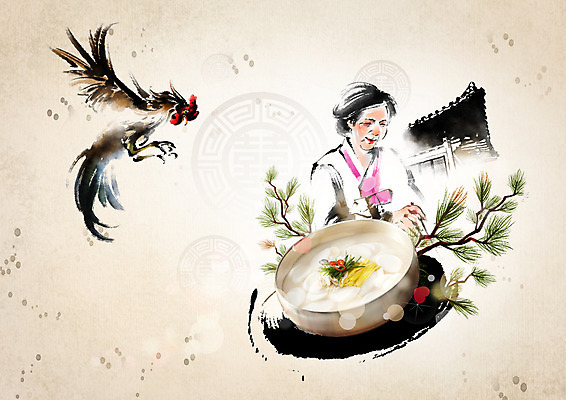 PSD 편집 편집이미지 여자 명절 캘리그라피 한옥 한명 상반신 성인 닭 한복 떡국 솔잎 이미지편집 1 한국전통 전통 기념일 한식 고건축 잎 조류 사람 전통음식 전통의상 파일형식