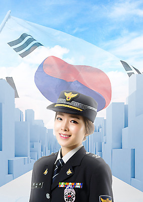 PSD 구름 편집 편집이미지 직업 여자 하늘 한명 웃음 상반신 20대 성인 블록 한국인 경찰 태극기 경찰복 여경 이미지편집 자연요소 1 유니폼 표정 사람 동양인 청년 국기 파일형식