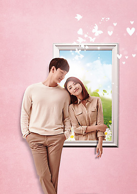 PSD 편집 편집이미지 커플 여자 남자 꽃 나비 액자 서기 성인 두명 30대 기댐 한국인 이미지편집 식물 곤충 관계 모션 사람 동양인 장년 파일형식