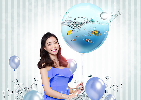 PSD 편집 편집이미지 여자 바다 한명 웃음 상반신 20대 성인 한국인 물방울 열대어 풍선 의료성형뷰티 이미지편집 1 표정 어류 사람 동양인 청년 파일형식