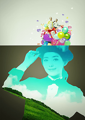 PSD 구름 편집 편집이미지 여자 실루엣 어린이 하늘 초원 상반신 20대 성인 세명 선물상자 한국인 마술사 하트 풍선 마술사모자 마술사복장 이미지편집 자연요소 모양 모자_잡화 옷 촬영기법 선물 사람 동양인 청년 상자 마술 파일형식