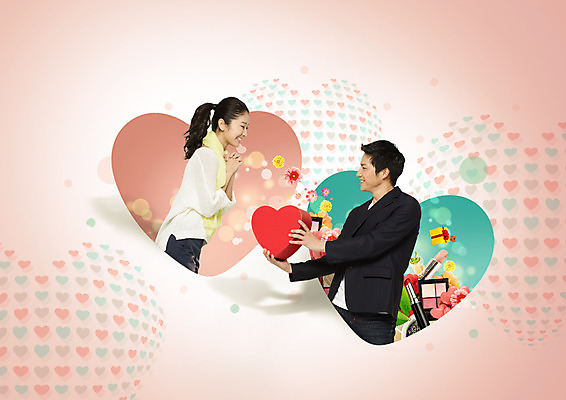 PSD 편집 편집이미지 커플 여자 남자 꽃 프로포즈 웃음 상반신 20대 성인 두명 옆모습 립스틱 하트 일본인 아이섀도 이미지편집 모양 외국인 식물 뷰포인트 관계 표정 사람 동양인 청년 화장품 파일형식