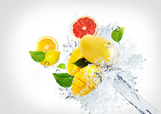 PSD 편집 편집이미지 음식 오렌지 나뭇잎 사람없음 물방울 신선 레몬 튀는물 망고 트로피컬아트 이미지편집 잎 과일 열대과일 그림 액체표현 스플래쉬 파일형식