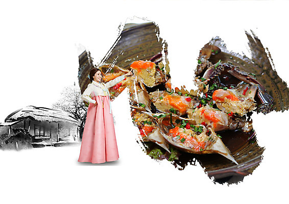 전신 PSD 편집 편집이미지 접시 여자 한식 캘리그라피 초가집 한명 서기 웃음 성인 30대 한국인 가리킴 한복 게장 간장게장 이미지편집 1 한국전통 식기 음식 모션 한옥 표정 사람 동양인 손짓 장년 전통의상 게요리 파일형식