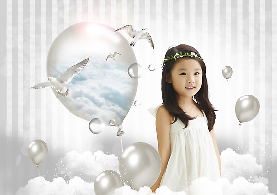 PSD 구름 편집 편집이미지 여자 어린이 갈매기 하늘 한명 웃음 상반신 한국인 풍선 이미지편집 자연요소 1 조류 표정 사람 동양인 파일형식