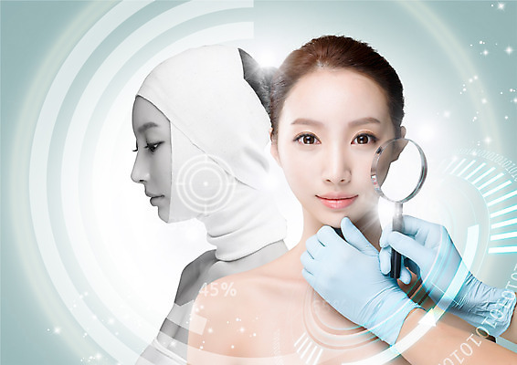 PSD 편집 편집이미지 손 여자 의학 돋보기 상반신 20대 성인 두명 옆모습 뷰티 한국인 성형수술 붕대 수술장갑 의료성형뷰티 이미지편집 뷰포인트 장갑 사람 동양인 청년 신체부위 수술 파일형식