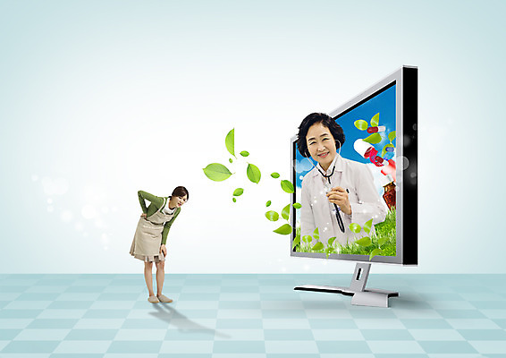 PSD 편집 편집이미지 여자 40대 의학 청진기 나뭇잎 성인 두명 모니터 앞치마 고통 한국인 의사 60대 주부 요통 이미지편집 노년 감정 중년 잎 의료기기 사람 동양인 컴퓨터 의료진 허리통증 파일형식