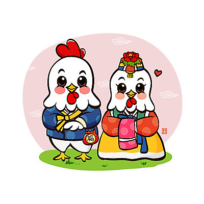 구름 두마리 일러스트 근하신년 새해 복주머니 사람없음 하트 닭띠 닭 복 한복 닭캐릭터 2017년 정유년 국내일러스트 AI파일 자연요소 모양 한국전통 동물캐릭터 2 조류 전통소품 한자 십이지신 전통의상 연도 파일형식 벡터