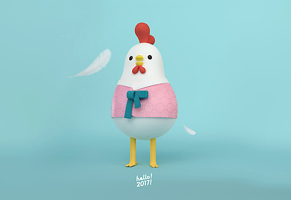 PSD 편집 편집이미지 캐릭터 한마리 새해 3D캐릭터 사람없음 3D 닭띠 닭 한복 깃털 디지털합성 닭캐릭터 HELLO 2017년 정유년 편집3D 1 한국전통 동물캐릭터 조류 십이지신 인사 전통의상 연도 파일형식
