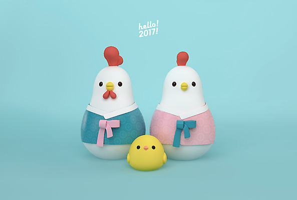 PSD 편집 편집이미지 캐릭터 부부 커플 새해 3D캐릭터 병아리 세마리 사람없음 3D 닭띠 닭 한복 디지털합성 닭캐릭터 HELLO 2017년 정유년 편집3D 한국전통 동물캐릭터 관계 조류 3 십이지신 인사 전통의상 연도 파일형식