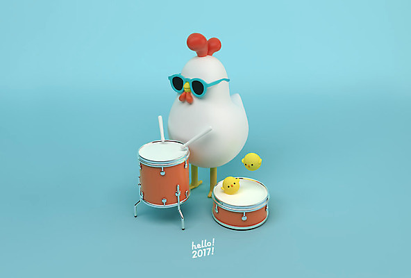 PSD 편집 편집이미지 캐릭터 새해 3D캐릭터 병아리 세마리 사람없음 선글라스 3D 닭띠 닭 디지털합성 북 닭캐릭터 HELLO 2017년 정유년 편집3D 안경 동물캐릭터 조류 타악기 3 십이지신 인사 연도 파일형식