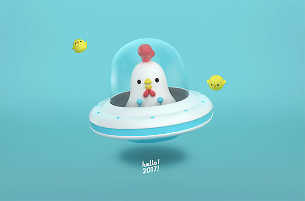 PSD 편집 편집이미지 캐릭터 새해 3D캐릭터 병아리 세마리 사람없음 3D 닭띠 닭 우주선 디지털합성 닭캐릭터 HELLO 2017년 정유년 편집3D 동물캐릭터 조류 3 우주 십이지신 인사 연도 파일형식