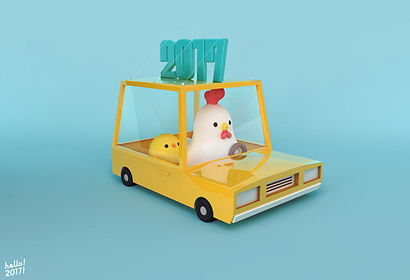 PSD 편집 편집이미지 캐릭터 두마리 자동차 새해 3D캐릭터 병아리 사람없음 3D 운전 닭띠 닭 디지털합성 닭캐릭터 HELLO 2017년 정유년 편집3D 육상교통 동물캐릭터 2 모션 조류 십이지신 인사 연도 파일형식