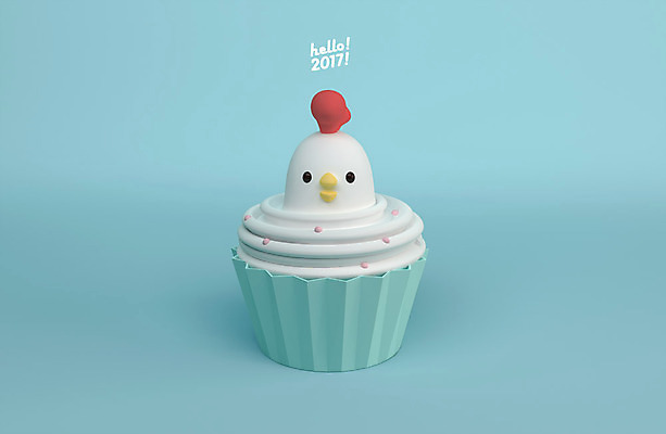PSD 편집 편집이미지 캐릭터 한마리 새해 3D캐릭터 사람없음 3D 닭띠 닭 컵케이크 디지털합성 닭캐릭터 머핀 HELLO 2017년 정유년 편집3D 1 빵 동물캐릭터 조류 케이크 십이지신 인사 연도 파일형식
