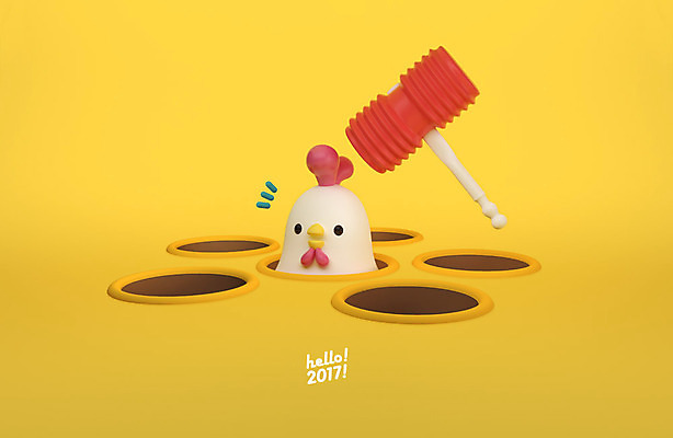 PSD 편집 편집이미지 캐릭터 한마리 새해 3D캐릭터 사람없음 3D 닭띠 닭 디지털합성 닭캐릭터 두더지잡기 HELLO 뿅망치 2017년 정유년 편집3D 1 동물캐릭터 놀이 조류 놀이용품 십이지신 인사 연도 파일형식