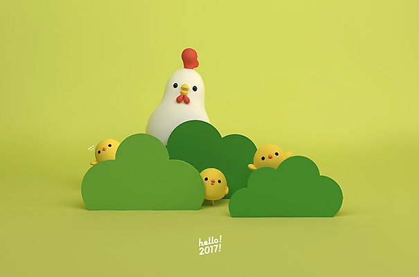 PSD 편집 편집이미지 캐릭터 여러마리 새해 3D캐릭터 병아리 사람없음 3D 닭띠 닭 디지털합성 닭캐릭터 풀숲 HELLO 2017년 정유년 편집3D 동물캐릭터 다수 조류 십이지신 인사 숲 연도 파일형식