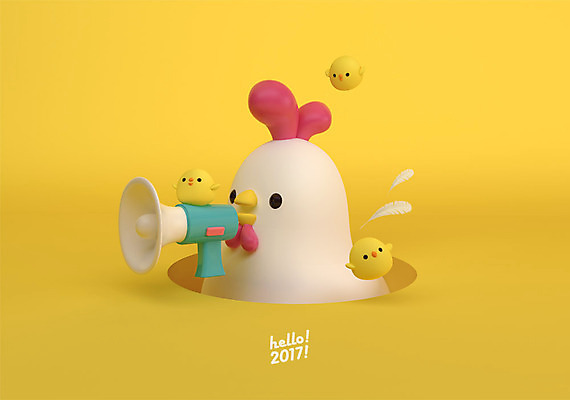 PSD 편집 편집이미지 캐릭터 여러마리 새해 3D캐릭터 병아리 사람없음 3D 확성기 닭띠 닭 구멍 디지털합성 닭캐릭터 HELLO 2017년 정유년 편집3D 동물캐릭터 다수 조류 십이지신 인사 연도 파일형식