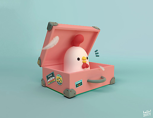 PSD 편집 편집이미지 캐릭터 한마리 새해 3D캐릭터 사람없음 3D 캐리어 닭띠 닭 깃털 디지털합성 닭캐릭터 HELLO 2017년 정유년 편집3D 1 동물캐릭터 조류 여행가방 십이지신 인사 연도 파일형식