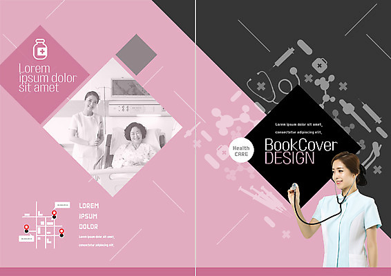 PSD 템플릿 표지디자인 북디자인 출판디자인 여자 표지 노년 리플렛 북커버 의학 청진기 병원 웃음 팜플렛 상반신 20대 성인 세명 30대 한국인 환자 간호사 60대 약도 이미지템플릿 지도 의료기기 표정 사람 동양인 청년 장년 의료진 파일형식