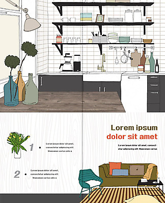 PSD 템플릿 그릇 표지디자인 북디자인 출판디자인 내지 리플렛 2단접지 북커버 탁자 주방용품 유리병 선반 팜플렛 사람없음 인테리어 소파 주방 꽃병 스탠드 싱크대 이미지템플릿 식기 디자인 꽃 가구 생활용품 의자 병_용기 조명 개수대 파일형식