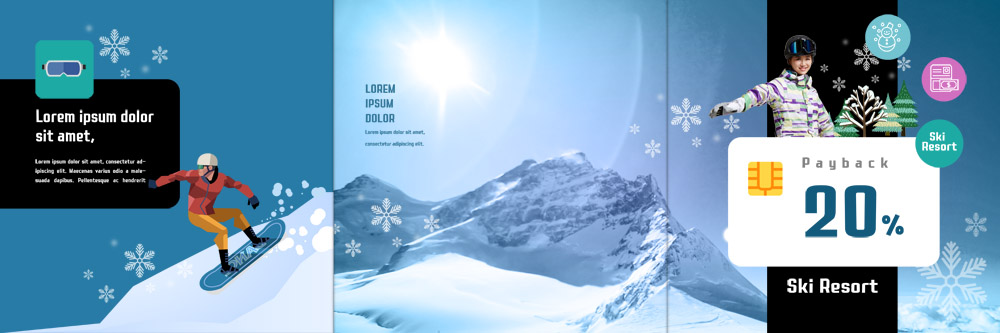 PSD 템플릿 표지디자인 북디자인 출판디자인 여자 표지 남자 리플렛 겨울 북커버 3단접지 겨울스포츠 산 팜플렛 20대 성인 두명 한국인 스노우보드 신용카드 눈송이 이미지템플릿 계절 스포츠 눈_날씨 사람 동양인 청년 금융 보드_스포츠 파일형식