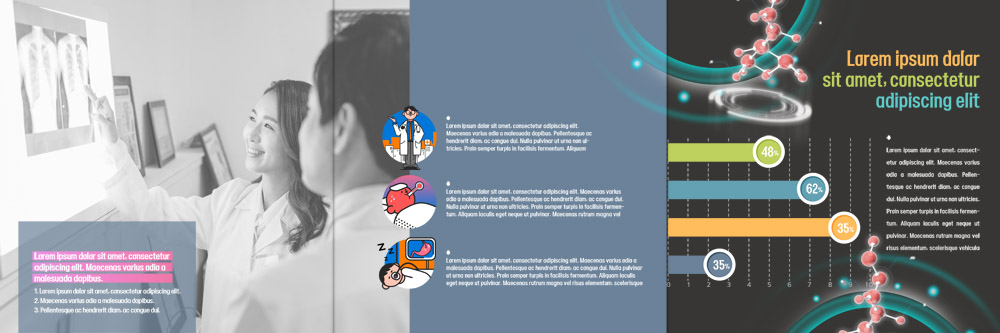 PSD 템플릿 표지디자인 북디자인 출판디자인 여자 남자 내지 리플렛 북커버 3단접지 의학 엑스레이 팜플렛 성인 두명 30대 한국인 환자 의사 질병 분자구조모형 이미지템플릿 사람 동양인 장년 모형 의료진 분자구조 파일형식