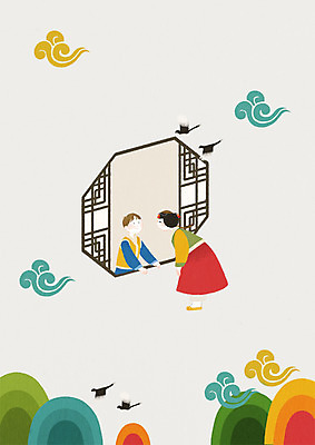 전신 PSD 구름 여자 남자 겨울 일러스트 창문 청소년 상반신 두명 10대 설날 전통문양 마주보기 까치 국내일러스트 자연요소 전통 문양 계절 명절 모션 조류 사람 파일형식