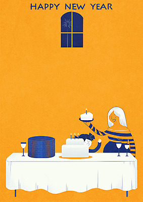 PSD 접시 여자 어린이 일러스트 촛불 창문 가족 식탁 불꽃놀이 상반신 성인 두명 케이크 해피뉴이어 국내일러스트 식기 초 관계 놀이 탁자 디저트 사람 새해인사 파일형식