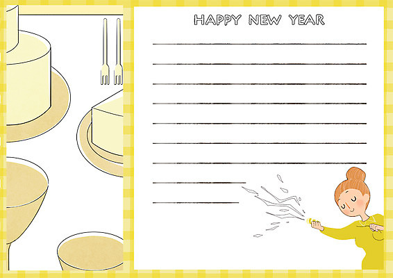 PSD 접시 여자 포크 일러스트 잔 프레임 폭죽 한명 상반신 성인 케이크 편지지 해피뉴이어 프레임일러스트 국내일러스트 1 식기 디저트 사람 새해인사 편지 파일형식