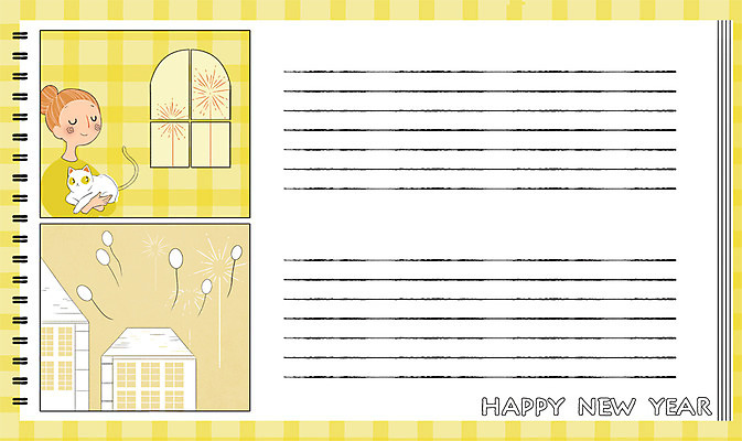 PSD 여자 일러스트 창문 프레임 불꽃놀이 한명 상반신 성인 건물 마을 고양이 편지지 해피뉴이어 풍선 프레임일러스트 국내일러스트 1 건축물 포유류 놀이 사람 반려동물 새해인사 편지 파일형식