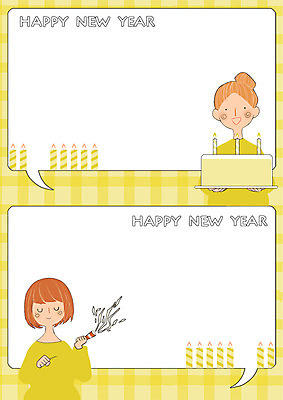 PSD 여자 일러스트 촛불 프레임 폭죽 상반신 성인 두명 케이크 해피뉴이어 프레임일러스트 국내일러스트 초 디저트 사람 새해인사 파일형식