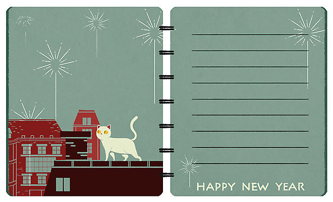 PSD 일러스트 창문 지붕 프레임 불꽃놀이 사람없음 마을 고양이 해피뉴이어 프레임일러스트 국내일러스트 포유류 놀이 반려동물 새해인사 파일형식