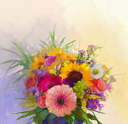 JPG 해외이미지 꽃 꽃다발 일러스트 해바라기 사람없음 그림 손그림 거베라 유화 해외202004 해외일러스트 식물 미술 파일형식 이미지허브